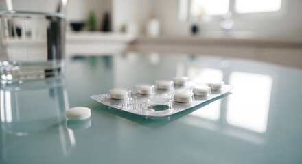 Pills in blister pack and glass of water on table representing medication and healthcare for medical needs