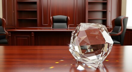 Large crystal diamond shaped glass object sitting on mahogany office desk with wood bookshelves and leather chairs in background setting