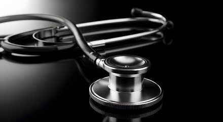 Shiny stethoscope on dark reflective surface, medical instrument for heart and lung examination, diagnostic tool healthcare