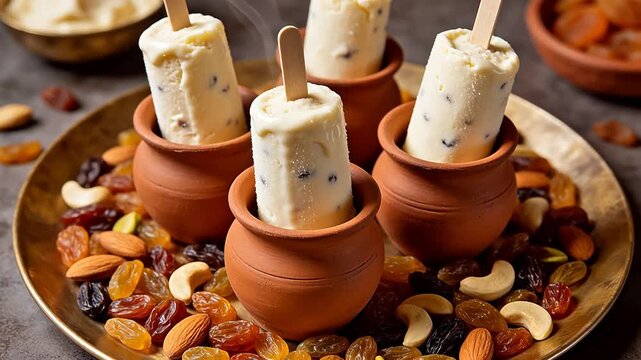 Ice cream popsicles in clay pots with nuts
