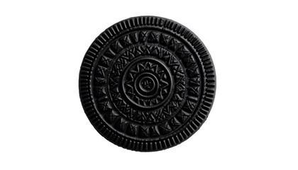 Circular, textured object with intricate embossed patterns, dark on black background