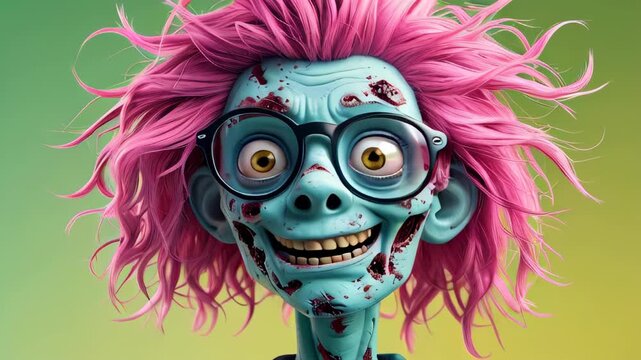 Video featuring a vivid zombie character with disheveled pink hair and glasses, marked by scars and posed against a striking yellow-green background