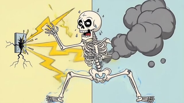 cartoon skeleton shocked by lightning electricity illustration