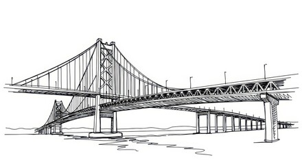 Fototapeta premium Hand Drawn Suspension Bridge Sketch Over Water - Architectural Line Art Illustration