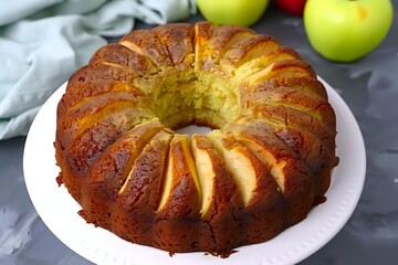 Homemade apple bundt cake with fresh fruit slices baked into golden brown surface, displayed on white plate for dessert presentation and baking recipes.