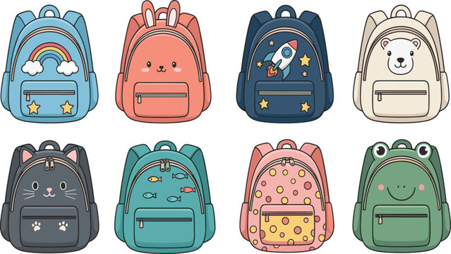 Cute children school backpack vector set with colorful cartoon designs featuring rainbow bunny space rocket bear cat and frog characters for back to school educational or nursery graphics
