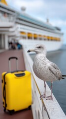 Fototapeta premium Seagull posing on ship deck with suitcase and cruise liner in background