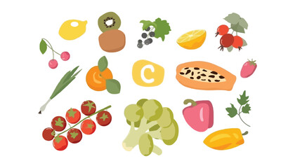 A colorful illustration of various fruits and vegetables on a white background