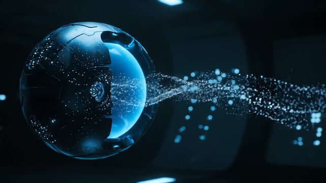 Futuristic AI Core Emitting Digital Data Stream. Abstract visualization of quantum computing, machine learning, or networking concept in a high-tech dark environment.