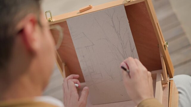 artist sketching tree on easel box, focused hands mapping trunk with pencil, portable wooden easel case, textured paper with light graphite lines, over shoulder closeup, calm reflective mood