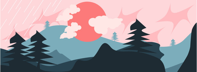Stylized flat landscape with pine trees, mountains and pink sunset