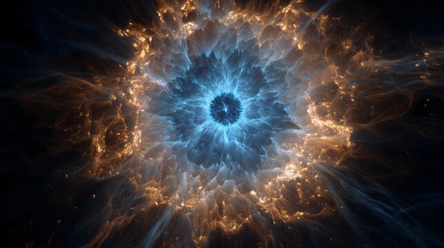 Cosmic energy vortex with bright blue and orange light explosion, glowing swirling nebula and powerful abstract space background for science and physics concepts