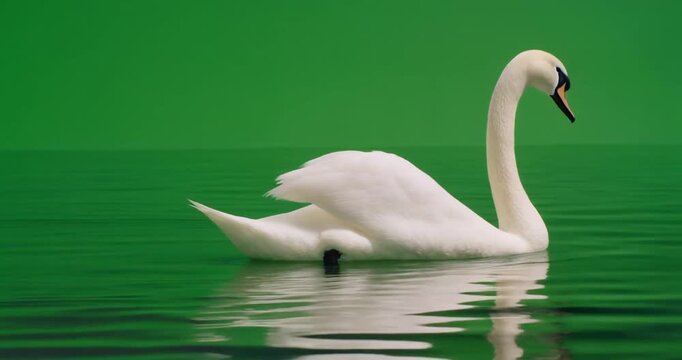 A serene white swan glides across a calm water surface on a green screen background in a tranquil scene