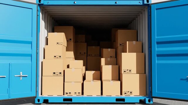 Cardboard boxes stacked in blue shipping container.