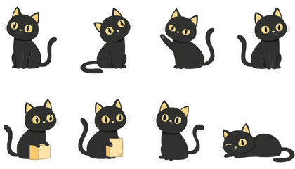 Obraz premium A group of cute cartoon black cats in various playful poses