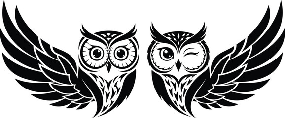 Fototapeta premium Stylized Owl Silhouette Illustration with Spread Wings, Wise Bird Symbol Design, Black and White Tattoo Style Artwork