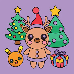 Obraz premium Cartoon Reindeer Wearing Santa Hat with Christmas Trees and Gift Flat Illustration