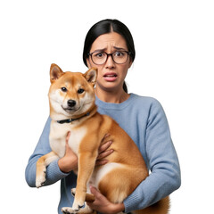 Woman holding surprised shiba inu isolated on transparent background
