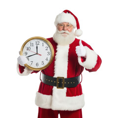 Santa claus holding a clock isolated on transparent background