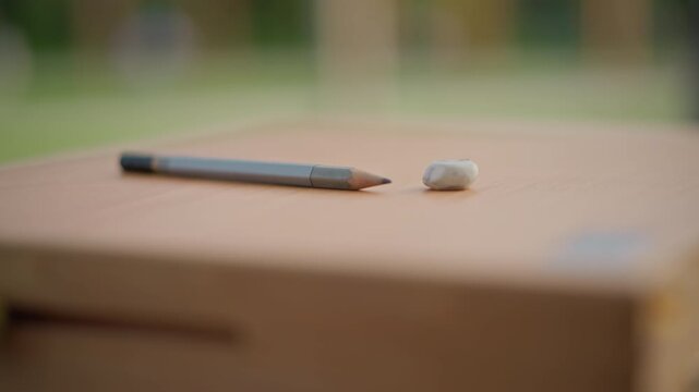 pencil and eraser on paper, on portable sketch box in quiet park, graphite tip and kneaded eraser ready beside blank sheet, shallow focus with warm daylight and soft bokeh, street artist preparing,
