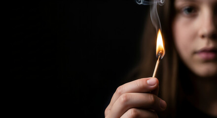 Obraz premium Girl lighting match in dark room symbolizing curiosity and danger