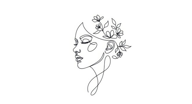 Minimalist Line Art Woman Face with Floral Elements - Elegant Beauty Profile Design