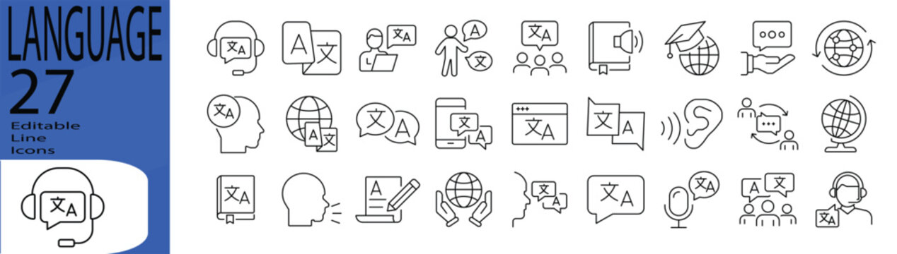 Language icon set. Editable stroke. Vector illustration.