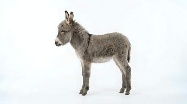 Young gray donkey foal standing in profile on white background, isolated farm animal perfect for educational materials and design projects.