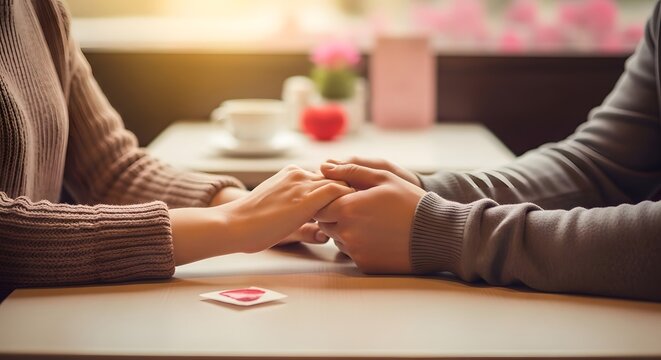 Couple holding hands over a table, sharing a tender Valentine&rsquo;s Day moment, with a small gift card on a coffee shop table