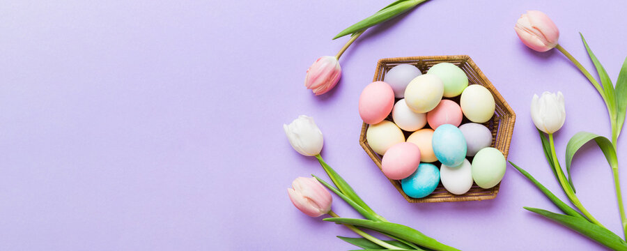 Happy Easter composition. Easter eggs in basket on colored table with yellow Tulips. Natural dyed colorful eggs background top view with copy space