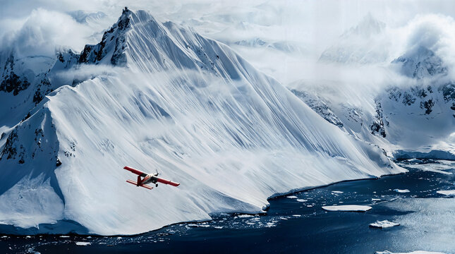 Cinematic winter scenery with a bush plane flying near glacier peaks.