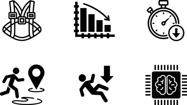 Safety and efficiency icons, workplace monitoring, accident prevention, performance tracking, smart technology, AI chip, navigation, time reduction, hazard alert, productivity metrics, gear control