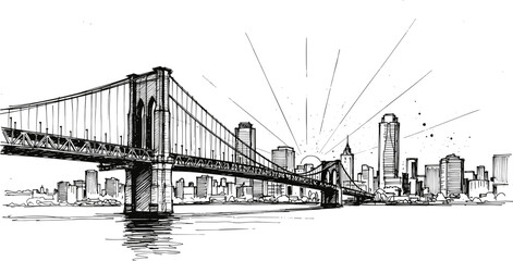 Fototapeta premium Brooklyn Bridge sketch, cityscape illustration, urban skyline, architectural drawing, sunrise over city, black and white art, New York landmark, suspension bridge view