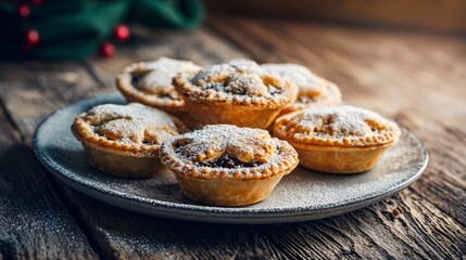 Classic mince pies arranged on a ceramic plate, golden pastry tops lightly cracked, powdered sugar dusted gently, placed on rustic wooden table, warm winter daylight, traditional holiday baking mood