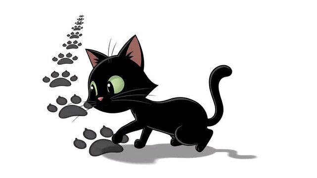 cute black cat follows pawprints in a playful cartoon illustration