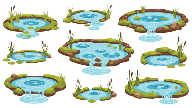 A delightful collection of diverse cartoon ponds, featuring waterfalls, streams, and natural aquatic elements