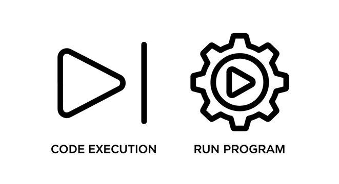 Programming Icons: Code Execution play button and Run Program gear with play symbol
