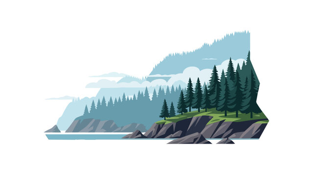 Serene vector illustration of a tranquil coastal mountain landscape with lush pine forests and mist over rolling hills along the