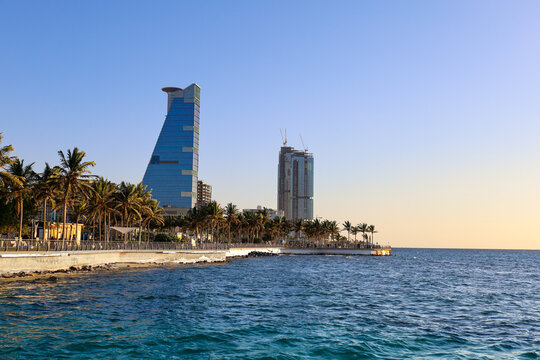 Modern skyscraper and luxury skyline on Jeddah waterfront corniche at sunset, Red Sea coast, Saudi Arabia