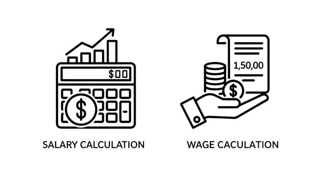 Salary Calculation and Wage Calculation Icons: Line art of calculator with dollar sign and hand holding coins with scroll for payroll, finance, and employee compensation.