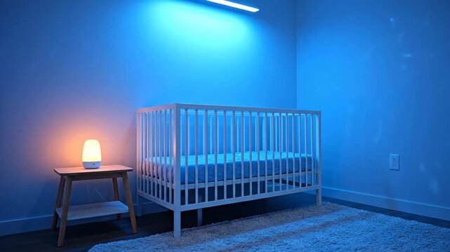 White baby crib in a blue lit room with a lamp, for baby and lifestyle