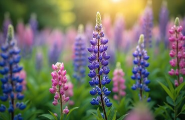 Fototapeta premium Field of colorful lupine flowers in pink, blue, and purple hues. Delicate blossoms bloom under warm sunlight creating a vibrant natural tapestry. Rich green foliage surrounds vibrant petals.
