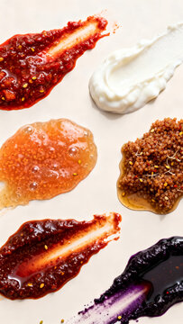 Macro Palette of Fermented Turkish Cuisine: Biber Sal&ccedil;ası, Tarhana, Ezme and Yogurt Smears Texture