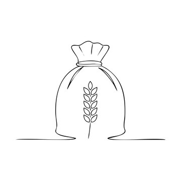 Minimalist continuous line drawing of a sack of grain with a wheat stalk inside, symbolizing agriculture and harvest.