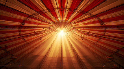 Obraz premium Interior view of a red and white striped circus tent ceiling with bright sunlight beaming through the center. Big top canvas roof background with dramatic lighting rays and metal structure. 