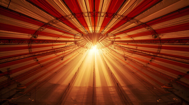 Interior view of a red and white striped circus tent ceiling with bright sunlight beaming through the center. Big top canvas roof background with dramatic lighting rays and metal structure.
