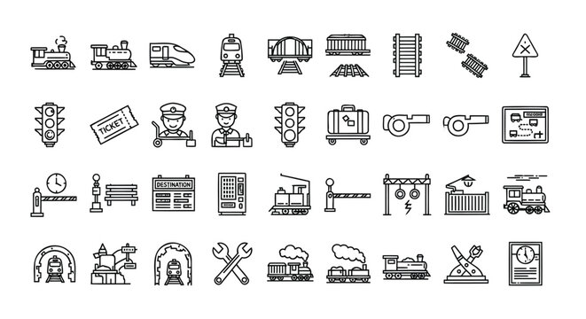 Railway and train station line icons, set of 36 transport vector elements, locomotive and railroad infrastructure symbols for travel apps
