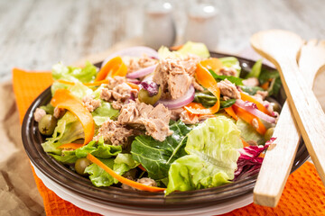 Bowl of colorful tuna salad with various vegetables and wooden serving utensils.