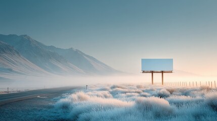 Fototapeta premium Blank roadside billboard in rural landscape with mountains and frost