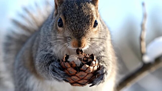 Close-up of one squirrel eating a pine cone on a branch, winter wildlife. 